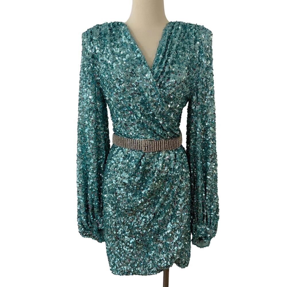 Bronx and Banco Elizabeth Belted Sequin Mini Dress Long Sleeve AU XL (US 10)